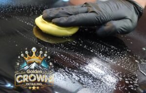 Machine polishing car paint with a yellow pad