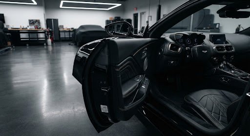 Car interior with the driver's door open