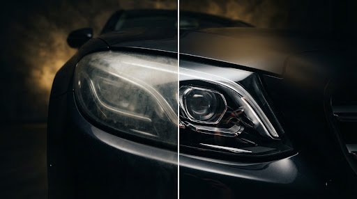 Close-up of a clear, restored headlight